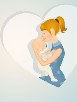 illustration of young mom with baby