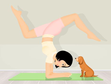 illustration of girl does meditation together with her little dog