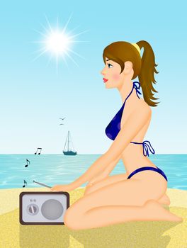 illustration of girl listens to music on the beach