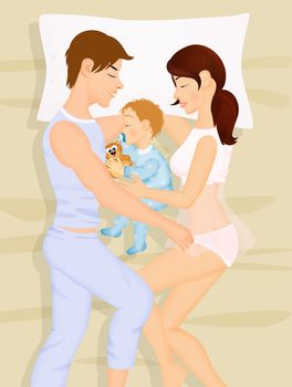 illustration of family sleeps with baby in the bedroom