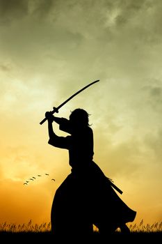 illustration of samurai at sunset