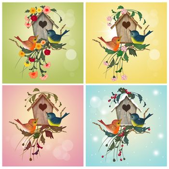 illustration of bird house in the four season