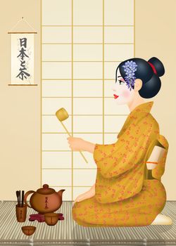 illustration of Geisha during the tea ceremony ritual