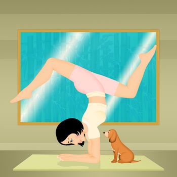 illustration of girl doing yoga with puppy