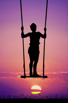 illustration of silhouette of girl on swing at sunset