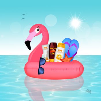 illustration of inflatable pink flamingo with summer objects