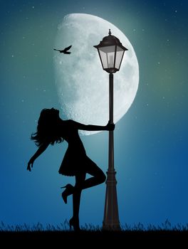 illustration of girl dancing around the lamppost of light