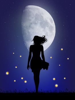 illustration of woman walks in the moonlight with fireflies