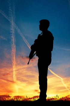 illustration of soldier at sunset