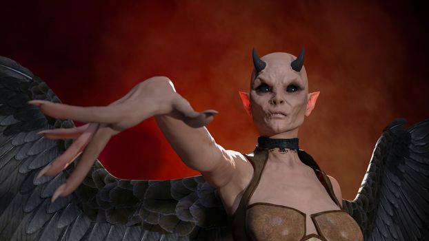 Horned female demon posing over red dark background - 3d rendering