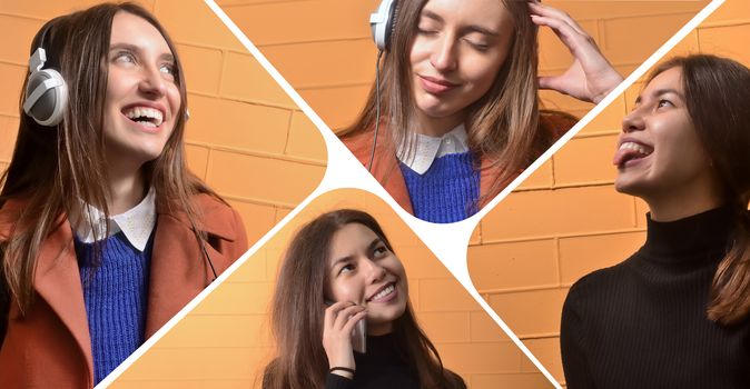 ?ollage portrait of young girls talking on the phone and listening to music on yellow backgraund