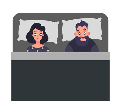 Tired man and women on the bed can not sleep. Stress people cartoon characters. Sleepless Insomnia concept art. Unhappy family. Mental disorder