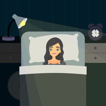 Sleepless Insomnia concept art. Tired woman on the bed can not sleep. Stress female character. Insomnious cartoon girl. Dark bedroom with night light projecting bad.