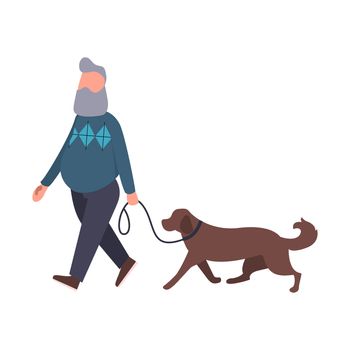 Dog walker walking pet outdoor. Senior stroll with labrador. Cartoon flat character. Pet walking service concept art. An elderly man is training an animal to go near.