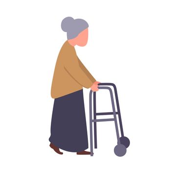Grandma hold walker handle. Old female patient in rehabilitation center. Rehab clinic for elderly people concept