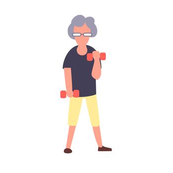 Senior fitness woman training with dumbbells. Recreation and leisure senior activities concept. Cartoon elderly female character