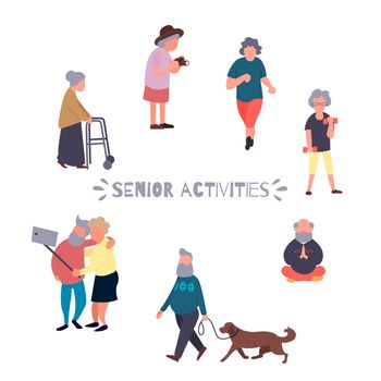 Recreation and leisure senior activities concept. Group of active old people. Elder people background. Cartoon elderly female character.