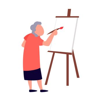 Old woman paints on canvas. Art therapy studio for the elderly concept. Recreation and leisure senior activities flat illustration