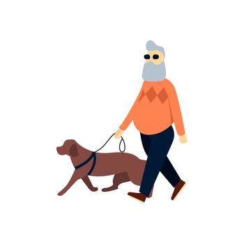 Blind senior with guide dog. Old man impaired vision. Elderly person with blindness on walk