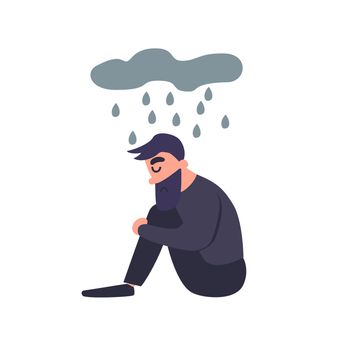 Sad man sits in the rain. Sadness dreary lonely depressed young man thinks about the bad. dreary guy. Mental disorder