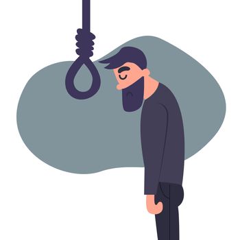 Cartoon flat despairing man wants to hang himself. Depressed young man wants to commit suicide. Mental anxiety concept.