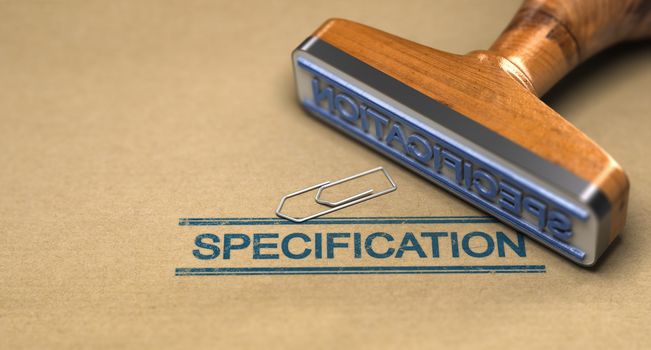 3D illustration of a rubber stamp over paper bacground. Concept of technical spectification standard