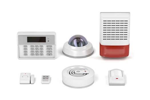 Electronic devices for home or office security on white background