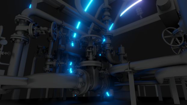 Abstract Industrial Equipment with Neon Lights. Ultraviolet light. 3D illustration