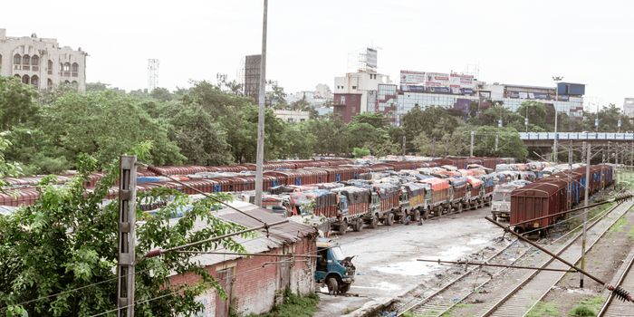 Kolkata, West Bengal, India, January 2018 - Commercial Logistics delivery Lorry trucks parked in a row at the construction site of Transporting and freighting service area.