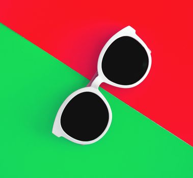 Sunny stylish white sunglasses on a bright green-cyan and red-orange background, top view, isolated. Copy space. Flat lay.