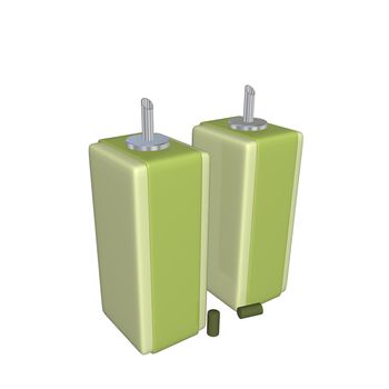 Green catsup and mustard oil and vinegar dispensers or sauce dispensers with stainless steel nozzles, 3D illustration, isolated against a white background