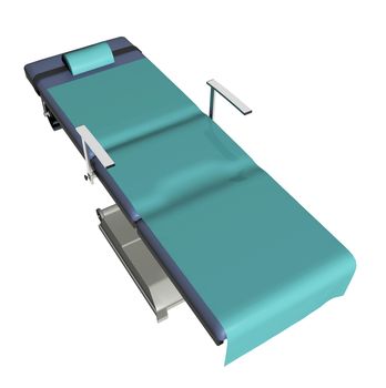Adjustable medical examination table or bed with green sheet, 3D illustration with green linen, isolated against a white background