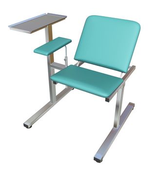 Adjustable medical examination chair with green padding, 3D illustration, isolated against a white background