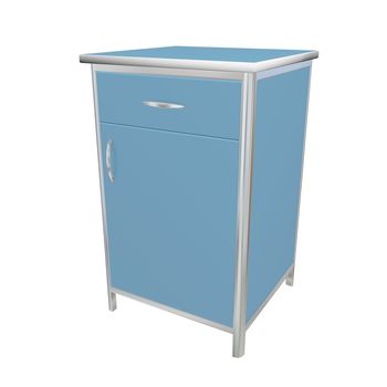 Blue and white metal medical supply cabinet, 3d illustration, isolated against a white background