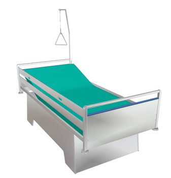 Green and grey mobile children's hospital bed with recliner and side guards, 3D illustration, isolated against a white background
