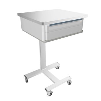 Mobile stainless metal medical over bed table with drawer, 3d illustration, isolated against a white background