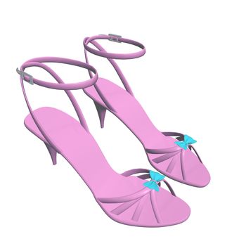 Pink stilleto heels or hig heels shoes with ankle strap and blue ribbon, 3D illustration, isolated against a white background