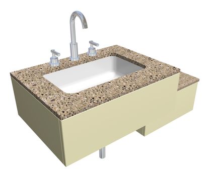 White built-in square bathroom sink with chrome faucet and plumbing fixtures, with a granite countertop, isolated against a white background.