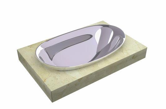 Chrome soap holder sitting on a granite slab, isolated against a white background.