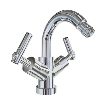 Shining chrome kitchen faucet 3D illustration, isolated against a white background