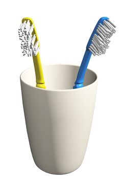 Two toothbrushes in a simple glass, 3D illustration, isolated against a white background.