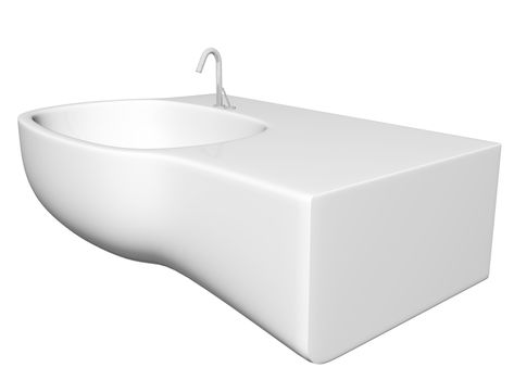 Modern washbasin or sink with faucet and plumbing fixtures, isolated against a white background.