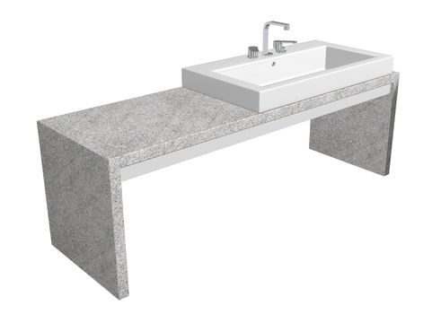 White square sink with chrome faucet, sitting on a granite table, isolated against a white background