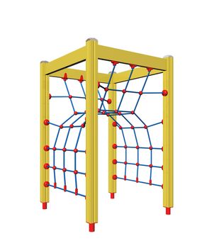 Yellow, blue and red four-pole children rope climber, 3D illustration, isolated against a white background