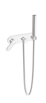 Modern hand-held water spray chrome shower fixtures 3D illustration,  isolated against a white background