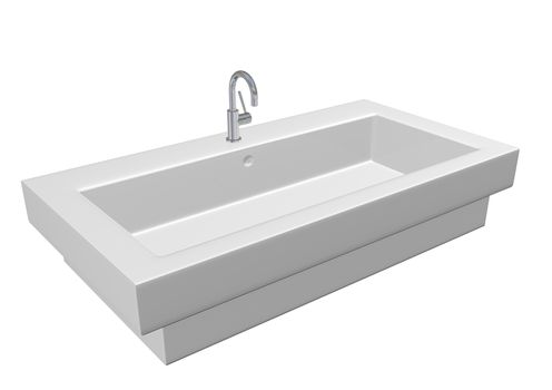 Modern ceramic white washroom sink set chrome fixtures, 3d illustration, isolated against a white background