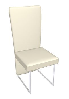 High-back dining leather chair, cream, metal frame,  3D illustration, isolated against a white background.