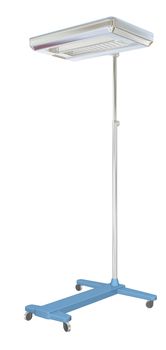 Mobile medical examination lamp, white blue, metal, 3D illustration, isolated against a white background.