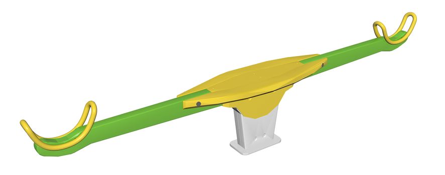 Modern colorful seesaw, green and yellow, 3D illustration, isolated against a white background.