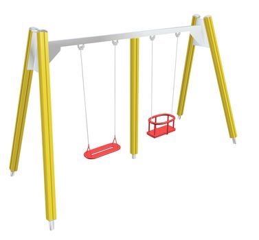 Child-safe swing, yellow and red,  3D illustration, isolated against a white background.